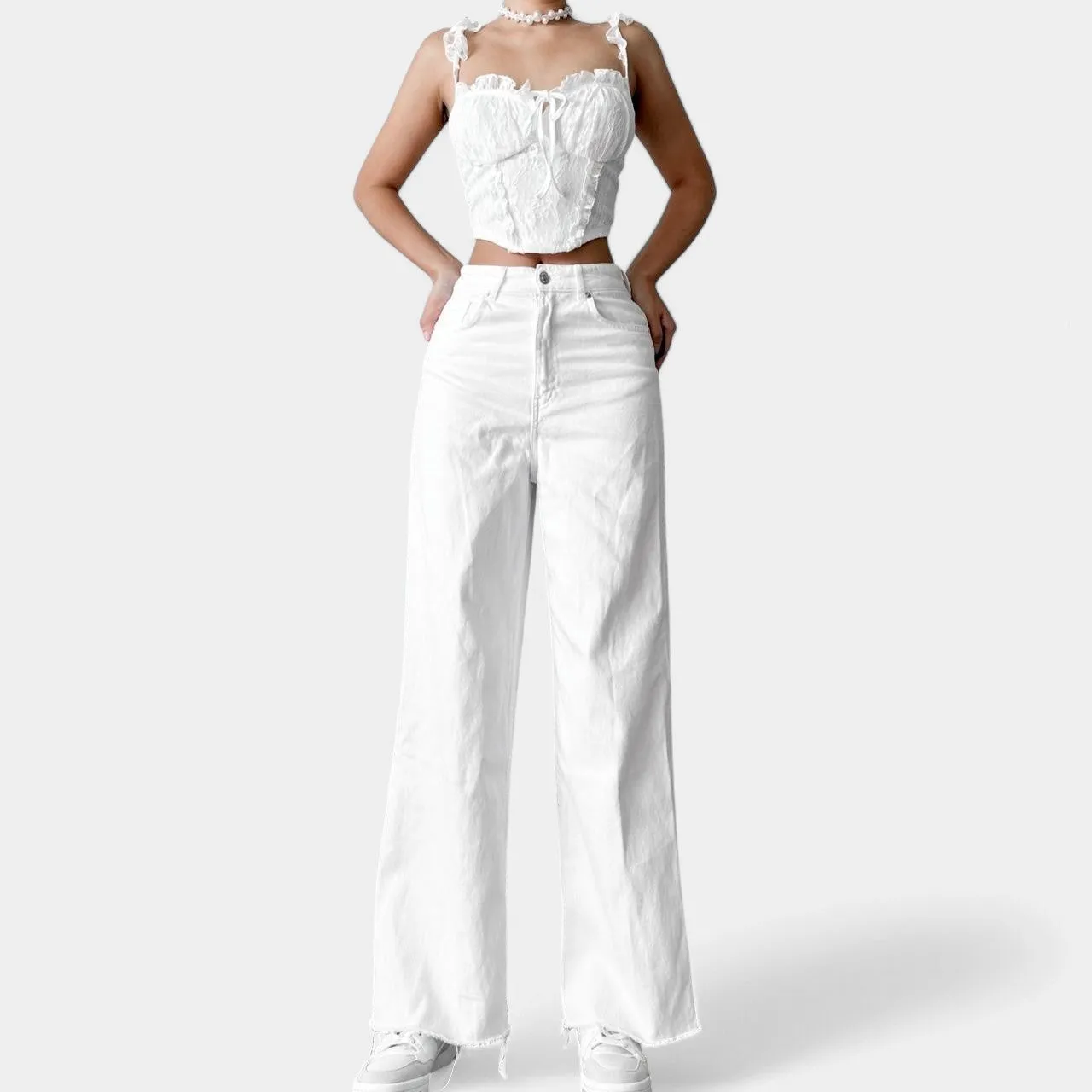 Zara White High Waisted Distressed Destroyed Hem Wide Leg Denim Jeans Size XS/S