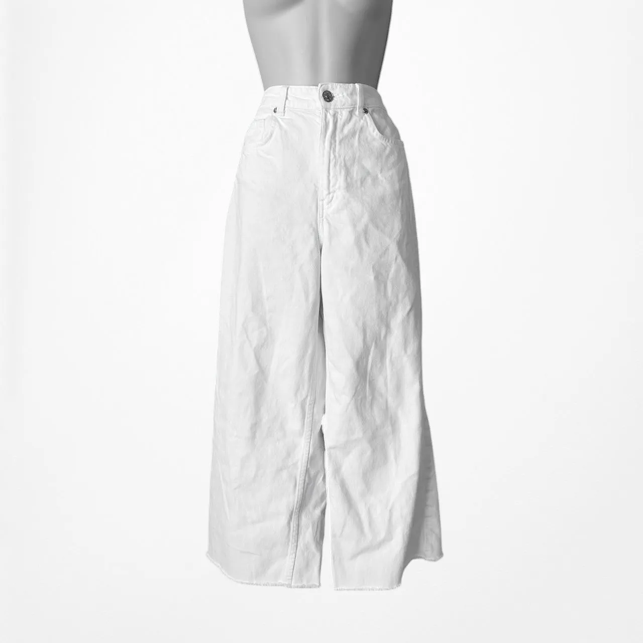 Zara White High Waisted Distressed Destroyed Hem Wide Leg Denim Jeans Size XS/S